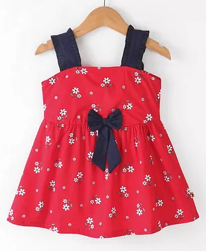Dew Drops Poplin Woven Sleeveless  Frock With Bow Applique Floral Print-Red