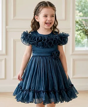 Mark & Mia Half Sleeves Party
                                  Dress with Floral Applique Frill
                                  Detailing - Blue