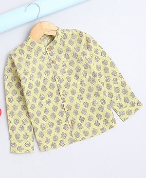 The Magic Wand Full Sleeves Floral Motif Printed Chinese Collared Ethnic Shirt - Yellow