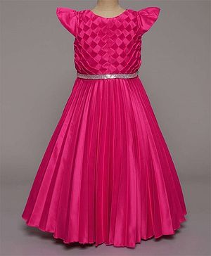 The Magic Wand Cap Sleeves Canadian Smocking Detailed Bodice With Placement Stone Embellished Gown   - Fuchsia Pink