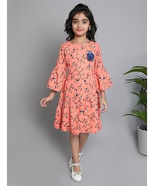 The Magic Wand Three Fourth Bell Sleeves Floral Printed Fit & Flared Dress -  Peach