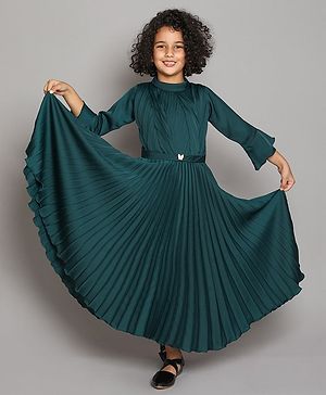 The Magic Wand  Three Fourth Bell Sleeves Accordion Pleated Fit & Flare Party Gown - Green