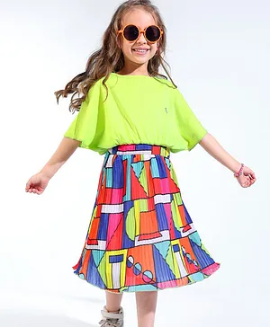 Ollington St. Sinker Cotton Half Sleeves Top & Geometric Print Skirt - Multicolour