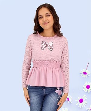 Cutecumber Full Sleeves Flower Applique & Lace Detailed Peplum Top - Purple