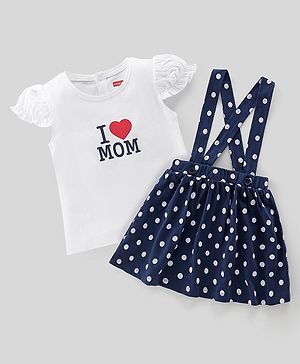 Babyhug 100% Cotton Knit Half Sleeves Text Print Top & Polka Dot Print Skirt-White & Navy Blue