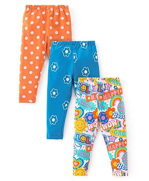 Babyhug Cotton Lycra Knit Full Length Stretchable Leggings Floral Print Pack Of 3 - Multicolor