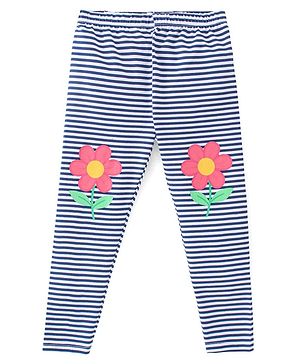Babyhug Cotton Lycra Knit Full Length Stretchable Leggings Stripes & Floral Print - Navy Blue