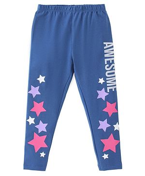 Babyhug Cotton Lycra Knit Full Length Leggings Star Print- Navy Blue