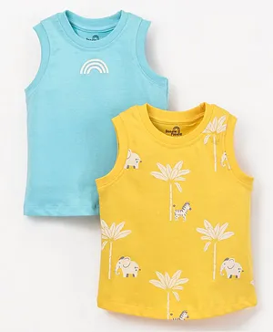 Doodle Poodle 100% Cotton Single Jersey Knit Sleeveless T-Shirt Elephant Print Pack Of 2 - Blue & Yellow