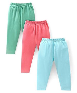 Babyhug Cotton Elastane Knit Full Length Solid Leggings Pack of 3 - Pink Green & Blue