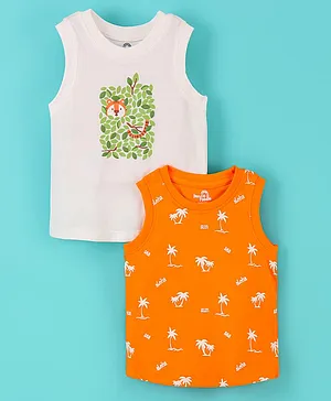 Doodle Poodle 100% Cotton Single Jersey Knit Sleeveless T-Shirt Palm Tree Print Pack Of 2 - White & Orange