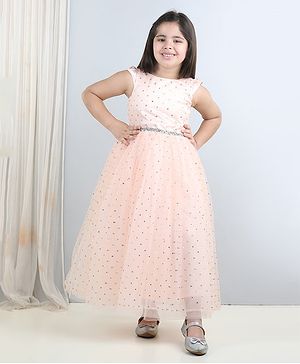 Toy Balloon Kids Sleeveless All Over Sequin & Beads Belt Embellished Fit & Flare Party Gown - Peach