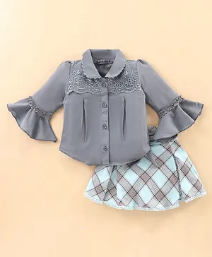 Enfance Three Fourth Bell  Sleeves Lace Detailing   Shirt  Style Top With Checked  Skirt Set - Blue -