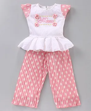 Enfance Cap Sleeves Girl Power Text Embroidered Top & Polka Dot Printed  Pants Set - Pink