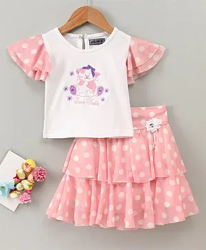 Enfance Half Flutter Sleeves Teddy Embroidered Tee With Polka Dots Printed Layered Skirt - Pink