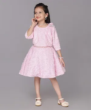 Enfance Full Sleeves Polka Dot Foil Printed Dress With Fur Jacket - Pink