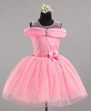 Enfance Cold Shoulder Floral  Applique Polka Dot Shimmer Detailed Party Dress - Peach