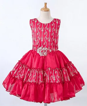Enfance Sleeveless Self Design Printed  Flared Tiered Dress - Red