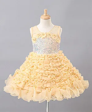 Enfance Sleeveless Stone Embellished With Flower Applique Detailed Fit & Flared Dress - Lemon Yellow