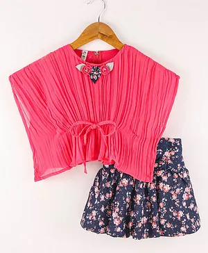 Enfance Kaftan Sleeves  Pleated Top And Floral Printed Skirt - Rani Pink