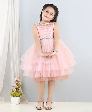 Toy Balloon Kids Sleeveless Floral Applique Bodice With Beaded Waistband Shimmer Fit & Flare Dress - Peach