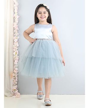 Toy Balloon Kids Sleeveless Beads Embellished Tulle Layered Shimmer Party Dress - Light Blue