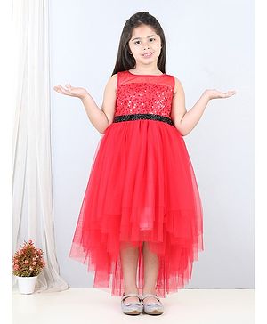 Toy Balloon Kids Sleeveless Beads & Sequin Embellished Tulle Layered High Low Shimmer Party Dress - Red