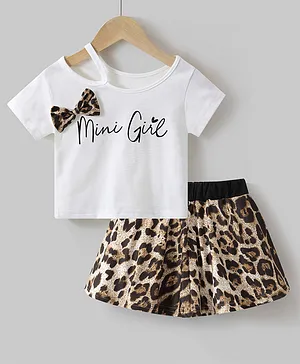 Kookie Kids Half Sleeves Top & Leopard Print Skirt Set - White