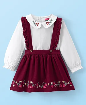 Babyhug Cotton Knit Woven Top & Skirt Floral Embroidery - White & Maroon
