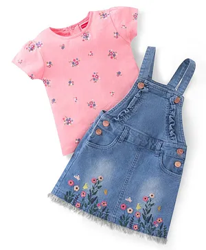 Babyhug Denim Washed Frock With Half Sleeves Inner T-Shirt Floral Print -Pink & Blue