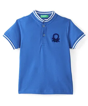 UCB Cotton Elastane Knit Half Sleeves Johnny Collar Solid Polo T-Shirt - Blue