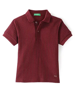 UCB Knitted Half Sleeves Vertical Jacquard Interlock Solid Color Polo T-Shirt - Maroon