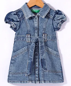 UCB Cotton Cap Sleeves Collared Washed Denim Shirt Dress With Belt- Blue