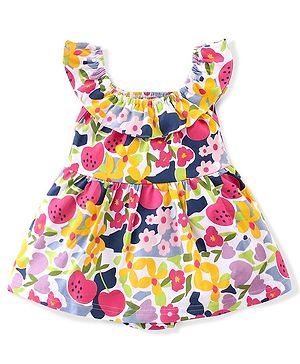 Babyhug 100% Cotton Sleeveless  Frock Style Oneise Floral Printed - Navy Blue & Pink