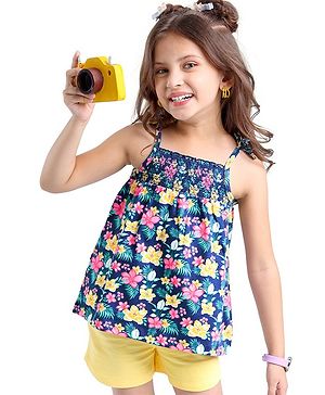 Babyhug 100% Cotton Single Jersey Knit Sleeveless Top & Shorts Set Floral Print - Navy Blue & Yellow