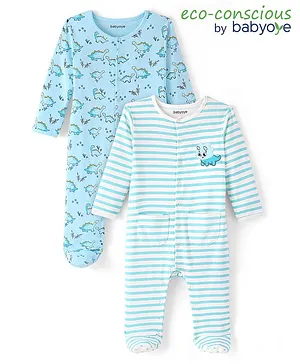 Babyoye 100% Cotton with Eco Jiva Finish All Over Printed Full Sleeves Dino Printed Sleep Suits Pack of 2 - Blue