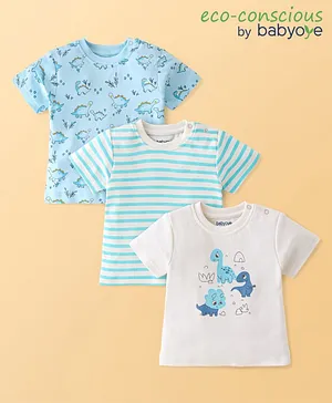 Babyoye 100% Cotton with Eco Jiva Finish Half Sleeves T-Shirt Stripes & Dino Print Pack Of 3 - Blue & White
