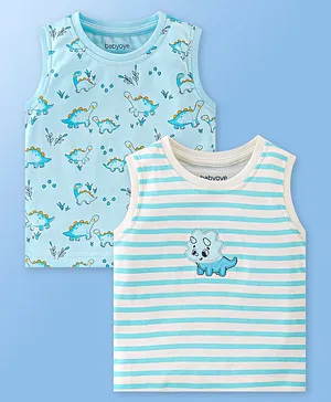 Babyoye 100% Cotton with Eco Jiva Finish Sleeveless T-Shirt Stripes & Dino Print Pack Of 2 - Blue