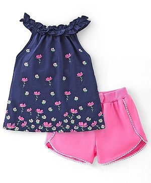 Babyhug 100% Cotton Knit Sleeveless Top & Shorts With Floral Print - Pink & Navy Blue