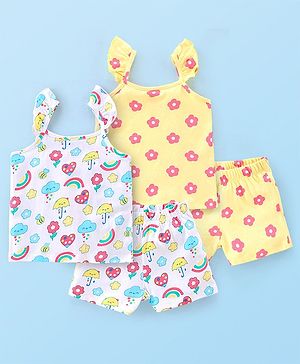 Babyhug Cotton Knit Sleeveless Night Suit Raining Cloud & Floral Print Pack of 2 - Yellow & White