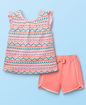 Babyhug Cotton  Sleeveless Printed Top & Shorts Set with Bow Applique - White & Pink
