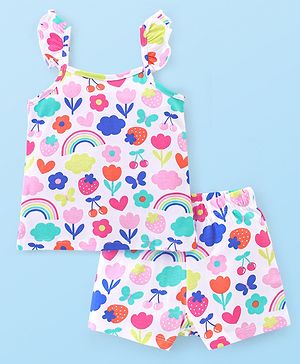 Babyhug Cotton Knit Single Jersey Sleeveless Night Suit With Floral Print - White