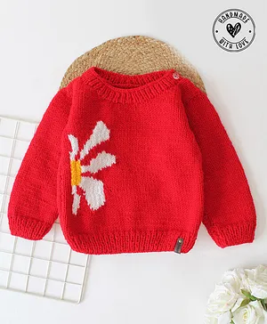 Woonie Full Sleeves Hand Knitted Placement Flower Detailed Diamond Stitch Sweater - Red