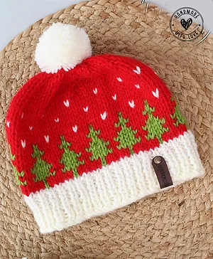 Woonie Christmas Theme Handmade Christmas Tree Design & Pom Pom Applique  Detailed Cap - Red