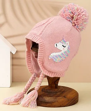 Yellow Bee Reversible Sequins Unicorn Detailed Woollen Cap  With Braids And Pom Pom - Pink