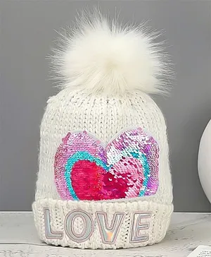 Yellow Bee Heart Sequin Embellished Love Embossed Bobble Beanie Cap - White & Multi Colour