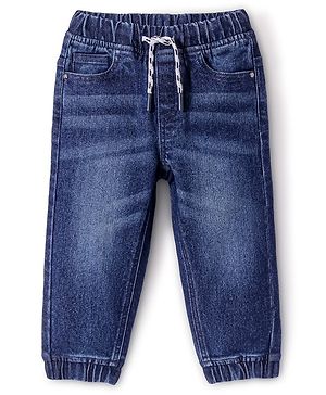 Babyhug Cotton Blend Full Length Solid Color Stretchable Denim Jogger - Dark Blue