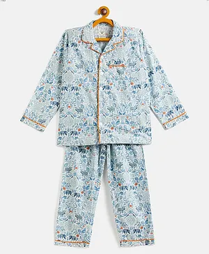 JWAAQ Full Sleeves Forest Theme Tree & Animals Printed Coordinating Night Suit - Sky Blue