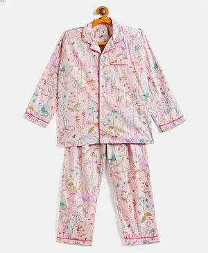 JWAAQ Full Sleeves Flowers & Beetles Printed Coordinating Night Suit - Peach