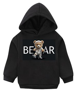 KAVEE Pure Cotton Warm Fleece  Full Sleeves Bear Text Printed Hooded Sweatshirt - Black